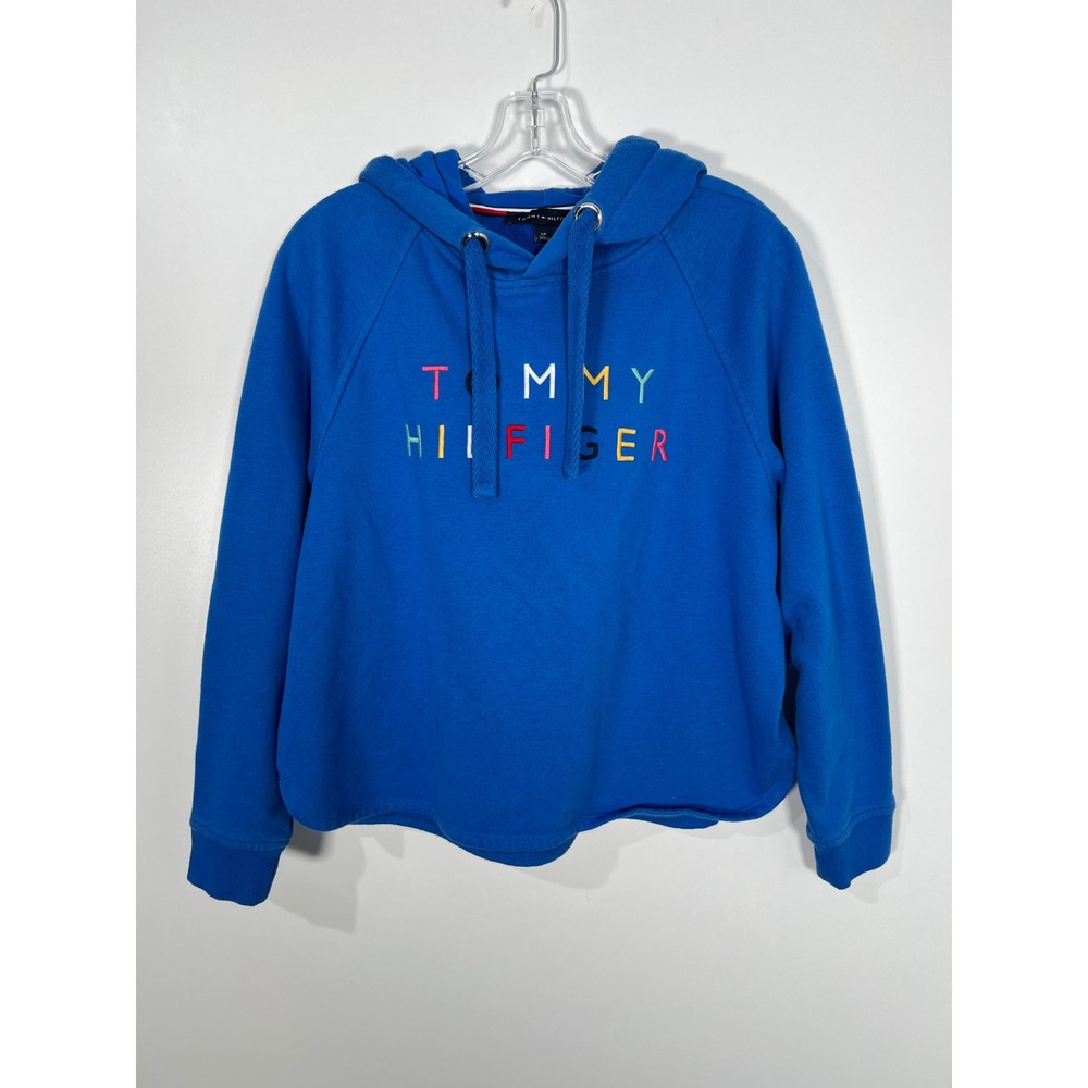 Tommy Hilfiger Blue Rainbow Embroidered Logo Hoodie Cropped Sweatshirt Small